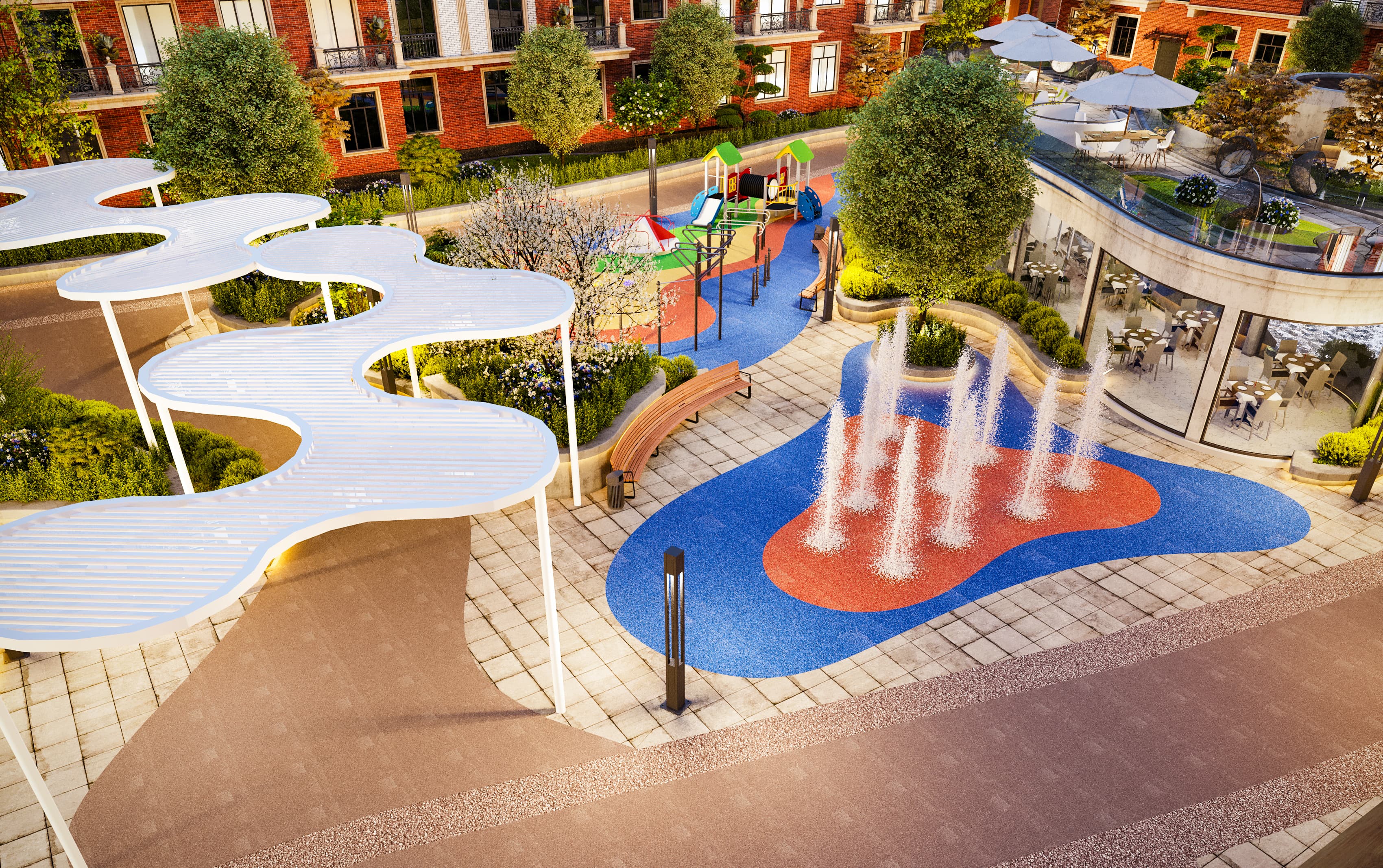 Двор Avenue Plaza с фонтаном и зонами отдыха